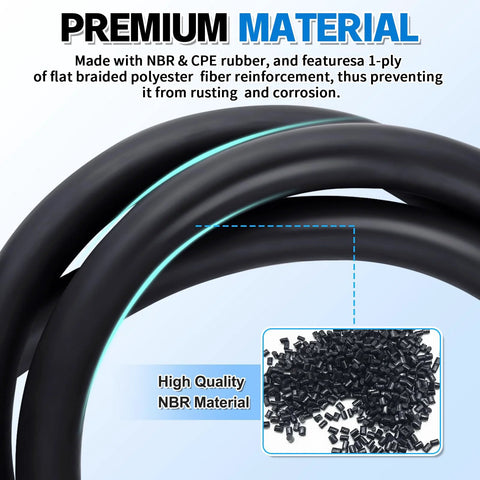 3/8 in ID transmission oil cooler hose, 10 ft coiled, black NBR material with teal stripe; for power steering systems.