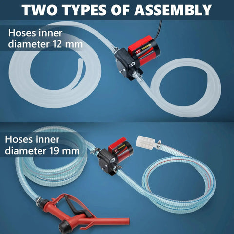 12V DC Gasoline Fuel Transfer Pump Kit With Self Priming And Reversible Pumping For Gasoline Diesel Mineral Oil And Kerosene Includes Hoses Connectors Filter Nozzle PTFE Tape Overheat Protection Explosion Proof Safe And Easy Diy Install showing two hose diameter options.