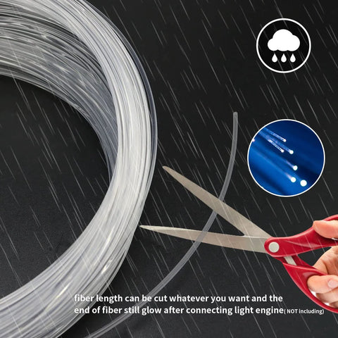 PMMA fiber optic cable, clear 1mm, 50m roll; coiled bundle with scissors cutting the end glow tips