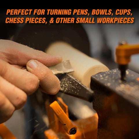 Close-up of Mini Benchtop Wood Lathe With Variable Speed For Pens Bowls Cups Chess Pieces And More 8 Inch Swing 13 Inch Between Centers