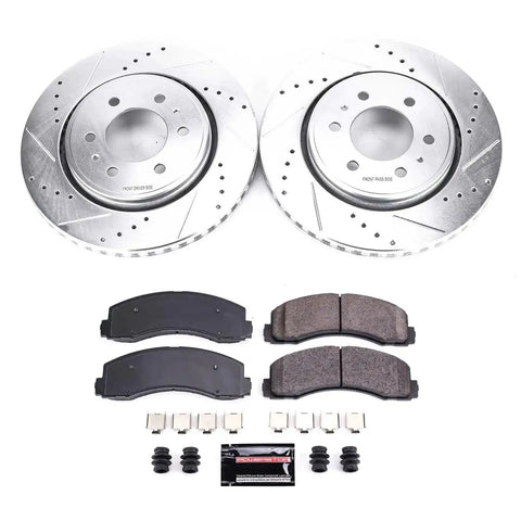 PowerStop front brake kit with drilled/slotted rotors and ceramic pads; includes two rotors, four pads, and hardware.
