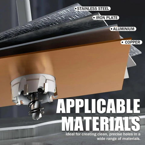 Upgrade Heavy Duty Carbide Hole Saw Kit With 10 Pieces drilling through stainless steel, iron, aluminum, and copper.