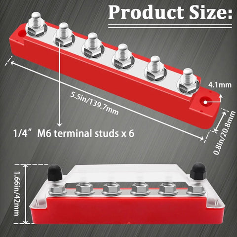 Red and Black Power Distribution Terminal Block with Cover Six One Quarter Inch M6 Posts Twelve Volt Battery Bus Bar