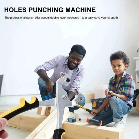 Man using Handheld Hole Punch Pliers Stainless Steel Belt Puncher Tool for Leather Crafting with child watching