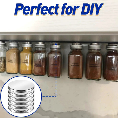 Front view: 8-pack neodymium magnets with double-sided adhesive; 1.18 in dia, 0.12 in thick