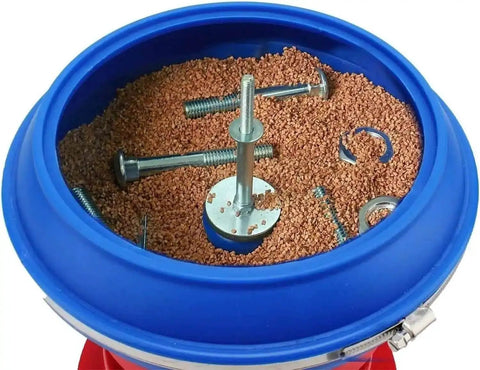 Electric Vibration Roller Polisher for Jewelry and Small Metal Parts with screws and media visible inside the bowl.
