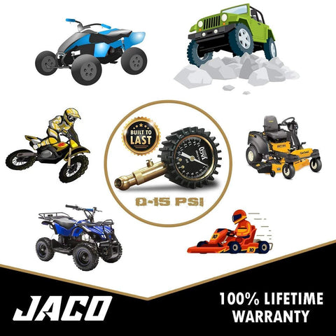 JACO Elite Low Pressure Tire Gauge 15 PSI, center dial gauge with built-to-last badge amid a collage of toy vehicles