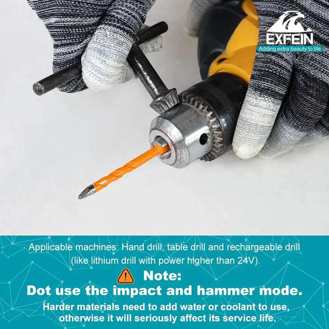 Close-up of a gloved hand holding a drill with a 6mm carbide drill bit, compatible with electric drills for ceramic tile and masonry.