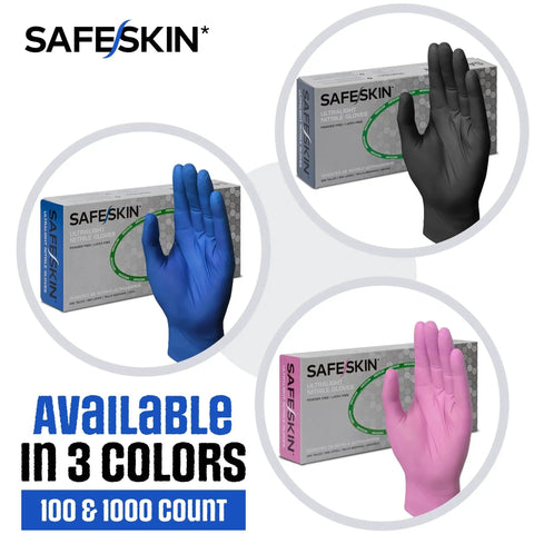 Image showing Safeskin nitrile gloves available in black, blue, and pink. Packaging for Ultralight Nitrile Gloves 2.0 Mil Blue Large 100 Count.