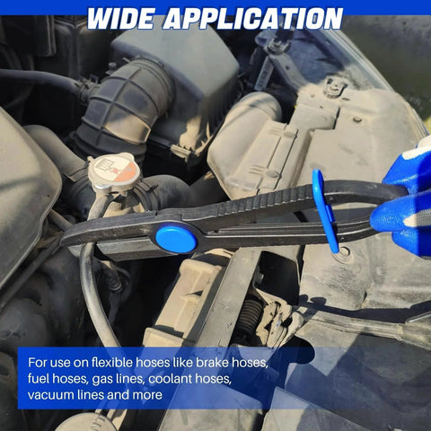 Three Pack Hose Pinch Off Pliers Set With Five Point Nine Inch Seven Point Three Inch And Ten Inch Straight Fuel Line Clamp Pliers For Fuel Gas Brake Radiator And Coolant Hoses Ergonomic Non Slip Handles And Wide Jaw Openings clamping a hose in an engine bay