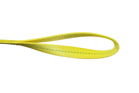 Close-up of a yellow 1-inch polyester lifting sling strap with green stitching.