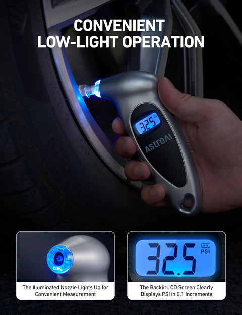 AstroAI digital tire pressure gauge, silver 2-pack; backlit LCD shows 32.5 PSI; nozzle light for cars/trucks/bikes.