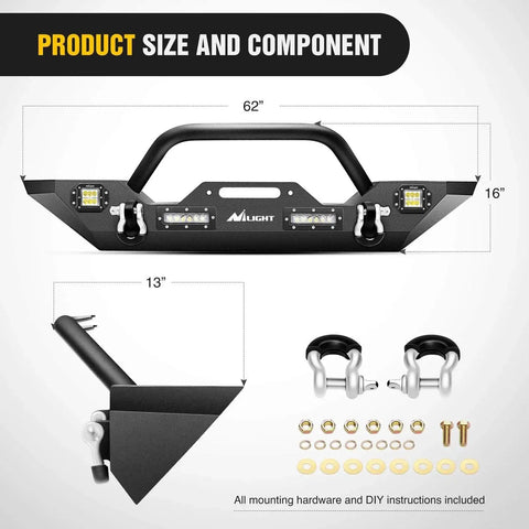 Heavy Duty Front Bumper With Winch Plate For 2007-2018 Jeep Wrangler JK And JKU with LED lights and hardware shown
