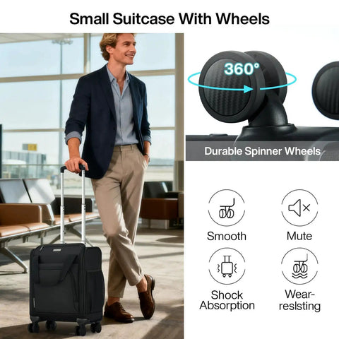 Man pulling Underseat Carry On Luggage With Wheels Airline Approved 16 Inch Softside Spinner Case at airport, showcasing luggage features.