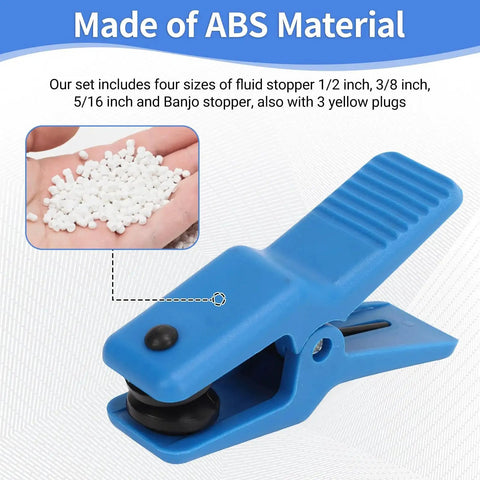 Blue plastic hose clamp pliers with black rubber fluid stopper for brake line use (side view).