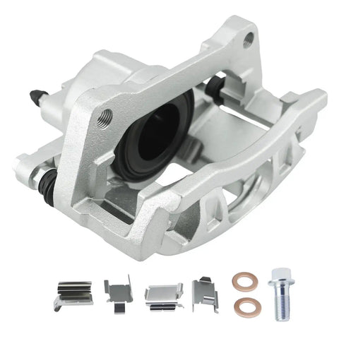 Front-right view of brake caliper in silver with mounting bolts and copper washers