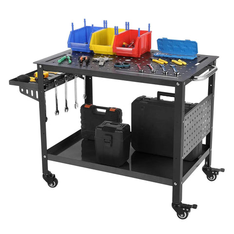 36 By 24 Inch Beefy Heavy Duty Welding Table On Wheels With Storage And Pegboard Portable Steel Welding Bench For Hobbyist Shop Black Built For Stability With 600 Pound Capacity And Easy Mobile Setup