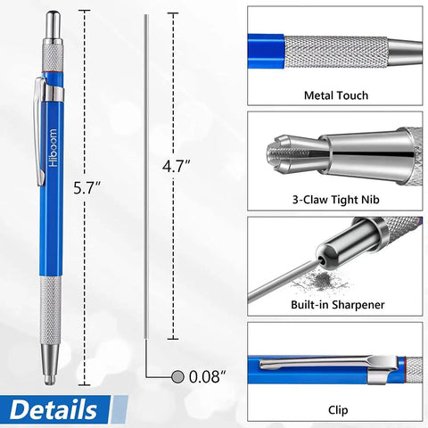 Pro Grade Welding Pencil Marker Kit With 24 Silver Round Refills, Mechanical Metal Marker With Built In Sharpener, diagram view