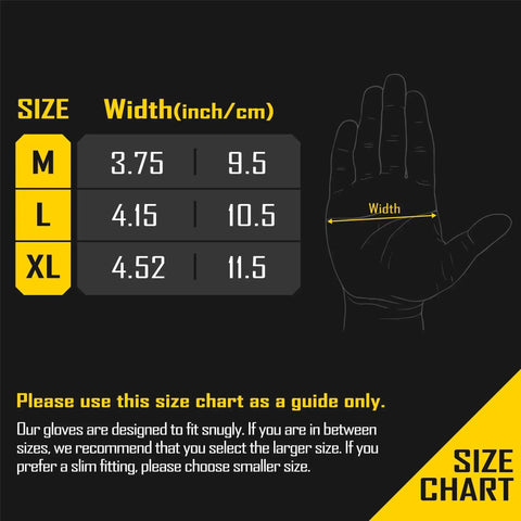 Size chart for 8 Mil Disposable Nitrile Gloves With Diamond Textured Grip 100 Count showing width for M, L, XL in inches and cm.