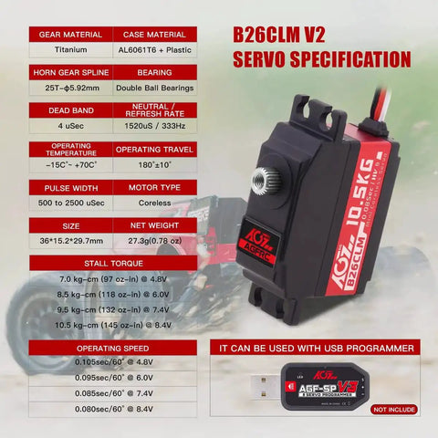 Image of Beefed Up 10.5Kg Digital Coreless RC Servo Motor with aluminum shell and specifications for 1/12 scale models.