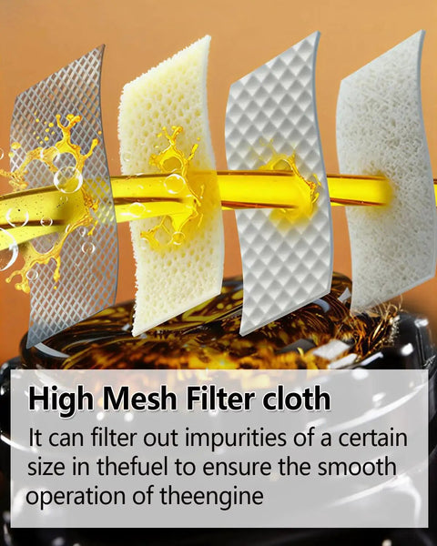 High mesh filter cloth illustration showing filtration of impurities in fuel for engine operation.