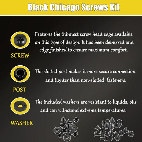 Black One Quarter Inch Chicago Screws Kit for DIY detailing screw, post, and washer features with images in diagram.