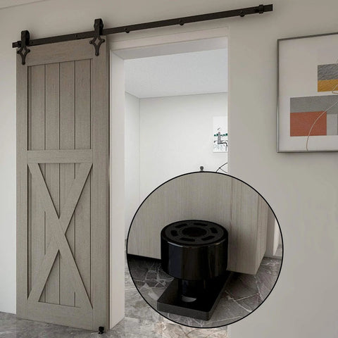 7 Ft Sliding Barn Door Hardware Kit With Floor Guide installed in home, heavy duty modern style, frosted black steel track, rug rails
