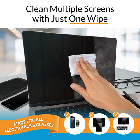 Person using Electronics Screen Wipes Lint Free Streak Free Fast Dry Deionized Water IPA on a laptop screen.