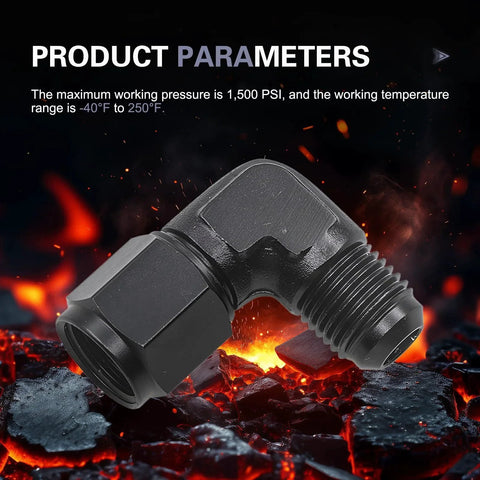 2 Pack 6AN Female To 3/8 Barb 90 Degree Hose Swivel Fittings Aluminum Black Anodized 6061 T6 For Fuel Lines And Pressure Regulator Fittings Durable Rust Resistant Performance For Cars And Trucks product on fiery background