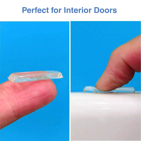 Ultra Quiet Interior Door Bumpers 30 Pack With Energy Absorbing Polyurethane Cushions And Two Layer Gel Technology shown on fingertip