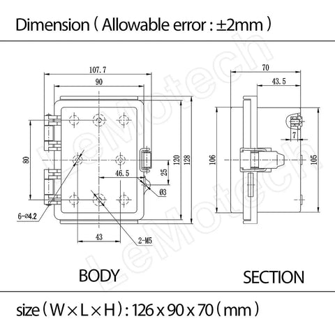 Technical drawing of Rugged IP67 Waterproof Electrical Junction Box With Hinged Cover And Stainless Steel Latch, 4.7 x 3.5 x 2.7 inches, grey