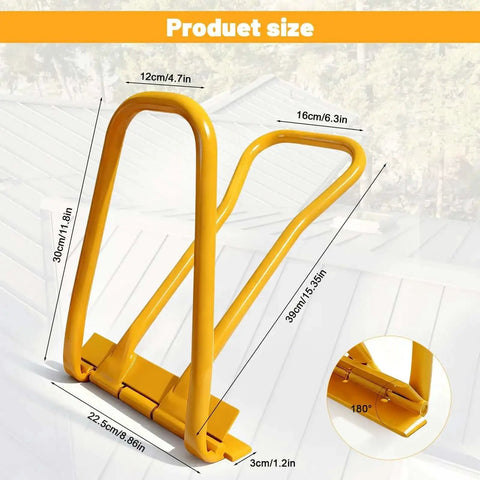 HTSL25E2 Roof Eaves Seam Bender, yellow durable steel tool with dimensions, for standing seam drip edge, 90-180 degree hemming.