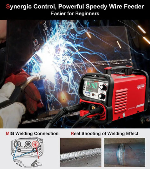 Three in One welding machine delivers MIG flux core and Lift TIG welding with synergic MIG control, 140 Amp, 110V.