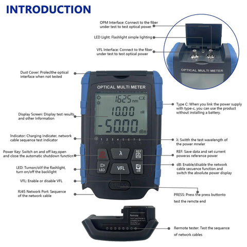 Amazon 5-in-1 fiber optic tester handheld optical power meter, blue/black with LCD and VFL/RJ45 ports, remote cradle