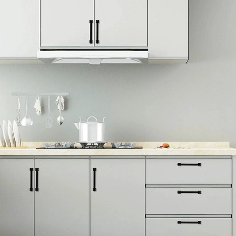 Matte Black Cabinet Pulls 5 Inch 128mm Set Of 10 Durable Alloy Kitchen Cabinet Handles on white cabinets in modern kitchen