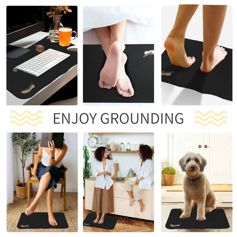 Grounding Mats 24x16 Inches 2 Pack for therapy and sleep support, shown in use under desk, on bed, and with adapter splitter for easy grounding.