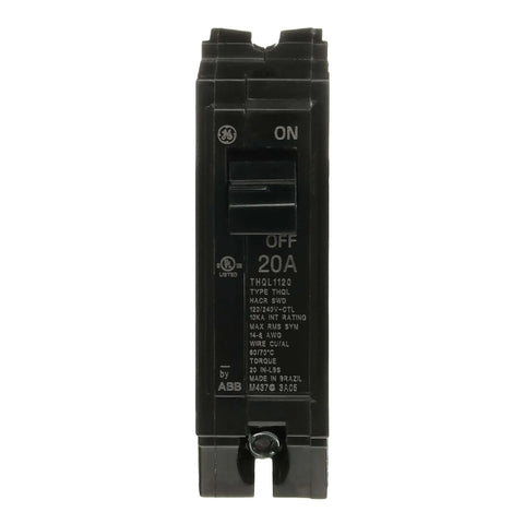 Front view of 1-Pack THQL1120 20A Single-Pole Circuit Breaker, 120/240 VAC, 10 kA Interrupting Rating, Thermal-Magnetic Plug-In
