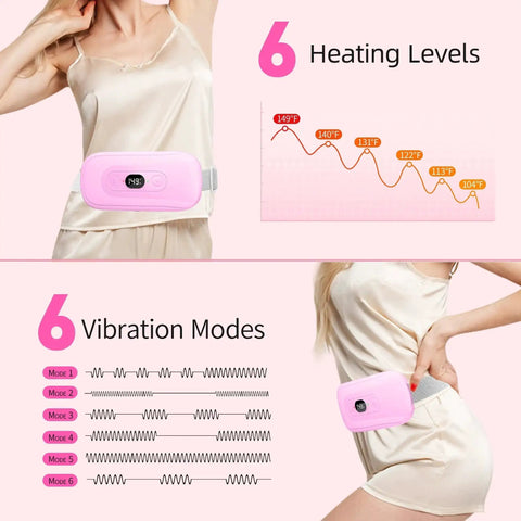 Woman using pink cordless heating pad for period cramps with 6 heat levels and 6 vibration modes.