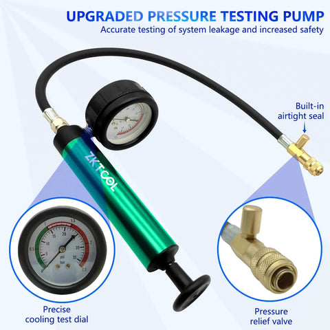 ZKTOOL aluminum radiator pressure tester with hand pump and gauge, green cylinder with brass adapters