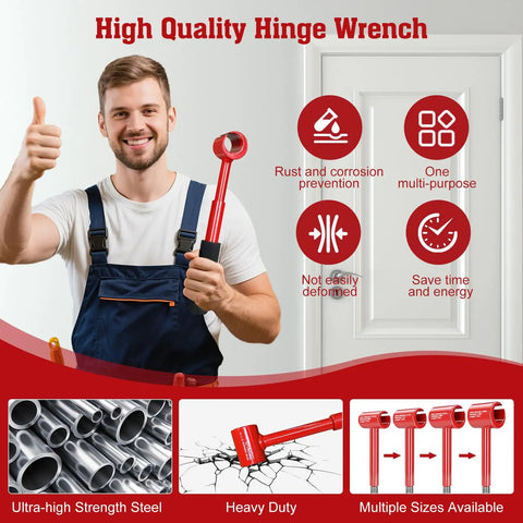 Man holding Four In One Pro Grade DIY Friendly Door Hinge Adjustment Tool Kit For Precise Gap Alignment And Smooth Operation Upgraded Hinge Gap Adjusting Wrench For Residential And Commercial Installations And Repairs with door and infographic display.