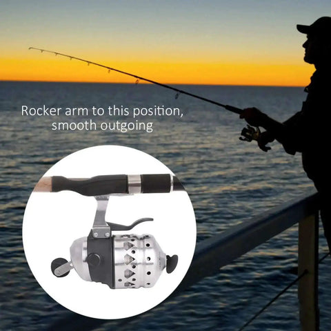 Durable Fishing Reel With 15Lb Line Capacity And Stainless Steel Metal Frame Six Plus One Bearings shown against sunset sea view