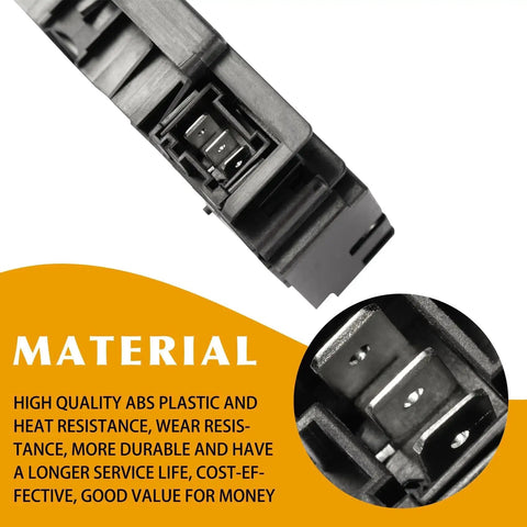 Washer lid lock switch, black ABS plastic housing with metal blade terminals (close-up view).