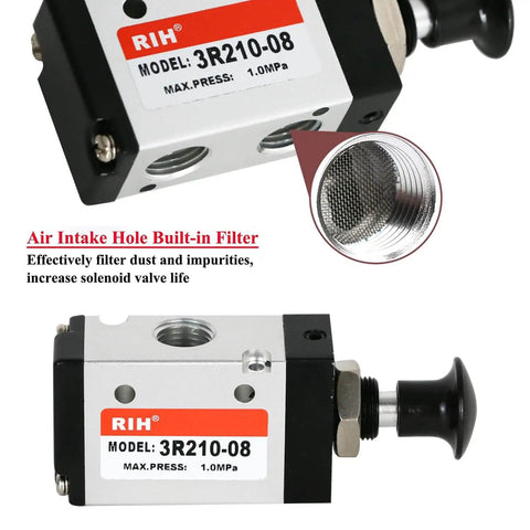 Go-To Three Way Two Position Hand Pull Pneumatic Valve model 3R210-08 with built-in air intake filter, front and side view