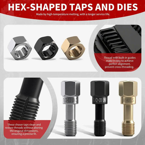 Hex-shaped taps and dies for 61-Piece Thread Chaser Set For Metric And SAE Threads With Pitch Gauge Complete Thread Repair Kit