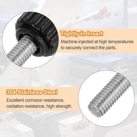 Heavy Duty Knurled Clamping Knobs 10 Pack Thumb Screws M6 X 16mm With Matte Black Plastic Heads and stainless steel studs