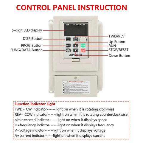 Control panel instruction for AT1 4000X 4kW Variable Frequency Drive with 5-digit LED display and function indicator lights.