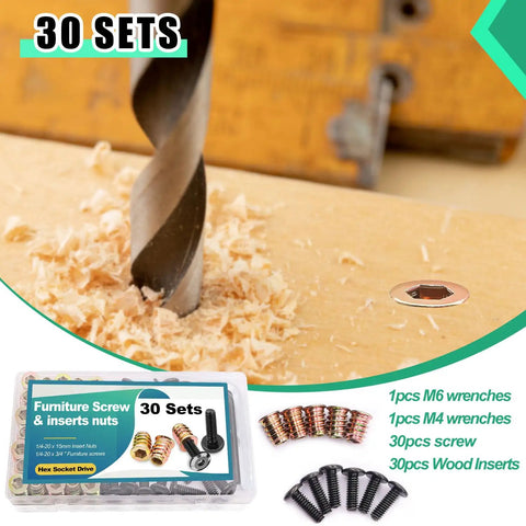 Heavy Duty Wood Furniture Threaded Inserts Set 30 Pieces with drill, nuts, and screws displayed on wood surface.