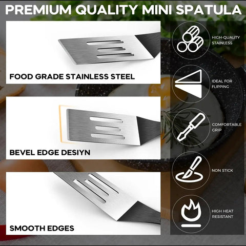 Set Of Four Mini Metal Spatulas For Kitchen Use Including Slotted And Solid Spatulas with food-grade stainless steel and bevel edge design, ideal for Pyrex dishes.