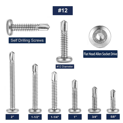 12 By 1 Inch Stainless Steel Flat Head Socket Cap Screws 100 Pack With Allen Hex Drive Self Tapping Fasteners For DIY Projects Built To Last Ideal For Cabinetry Furniture And Metal Framing Premium Finish Rust Resistant And Tough As Nails For Any Job. Image showing various sizes and features.