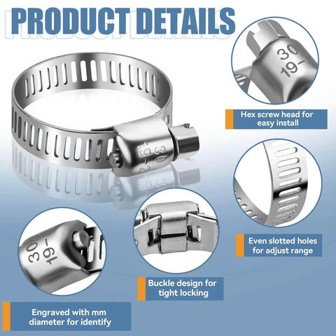 45 Piece Stainless Steel Hose Clamp Kit With Worm Gear Adjustable From 1/4 To 1-1/8 Inches (6-29 Mm) For Plumbing Automotive And Mechanical Applications Corrosion Resistant 304 Stainless Steel, showing product details like hex screw head and buckle design.